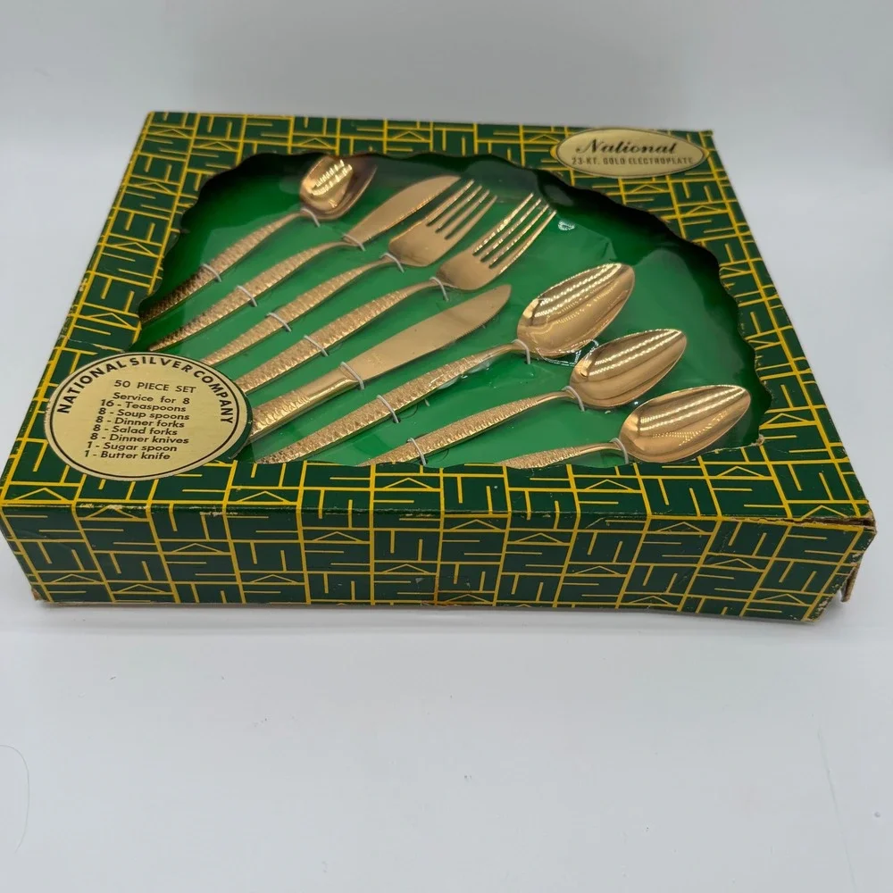 Vintage National Silver Co 23K Gold Electroplate Flatware Set 50 Pc Service 8